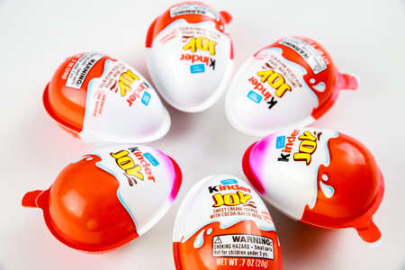 May 4, 2021. New York. Kinder joy plastic egg shaped chocolate with toy surprise inside.のeditorial素材