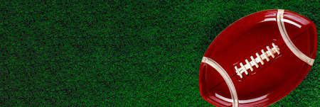 Banner with american football plate on green grass background.の写真素材