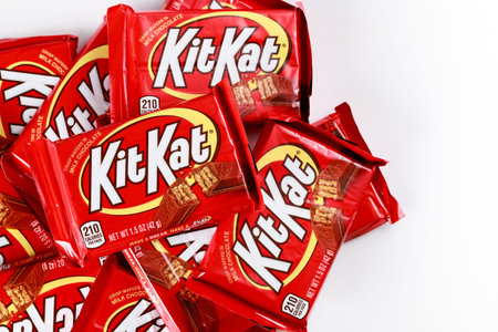 May 4, 2021. New York. Kit Kat wafer bar coated with milk chocolate isolated on a white background....