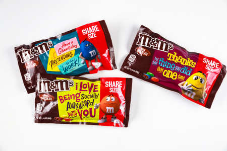 May 4, 2021. New York, US. Variety of MMs colorful milk chocolate candy with message on package.のeditorial素材
