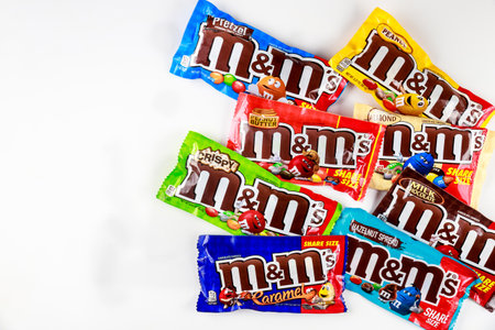 May 4, 2021. New York, US. Top view of MMs colorful milk chocolate candy.のeditorial素材