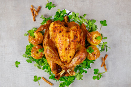 Caramel sauce and apples adorn roasted turkey with golden skin.の写真素材