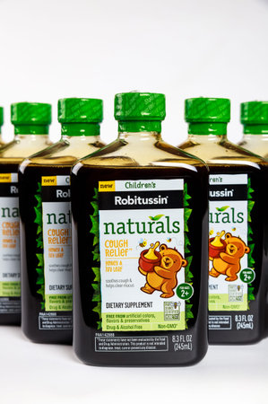 January 8, 2022. New York, USA. Childrens Robitussin syrup relieves coughs and helps clear mucus.