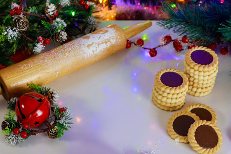 Christmas linzer cookies filled with hazelnut cocoa spread.の写真素材