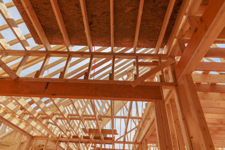 The framework for a new house is being built.の写真素材