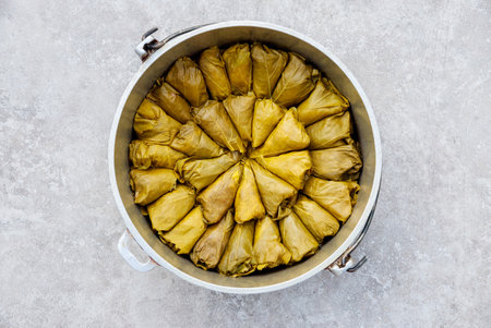 Arabic dish made with rice and herbs stuffed inside green grape leaves.の写真素材