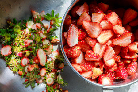 Strawberries are washed in water after they have been cleanedの写真素材