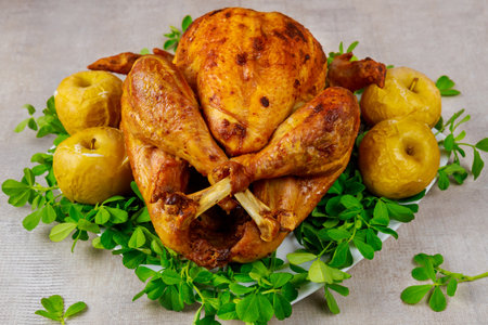 Thanksgiving dinner plate with a close up of a delicious baked turkeyの写真素材