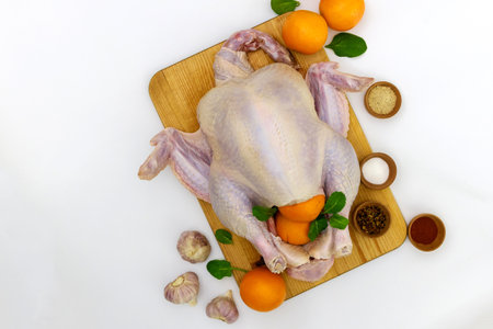 The raw turkey is being prepared for Thanksgiving dinner with spices and oranges.の写真素材
