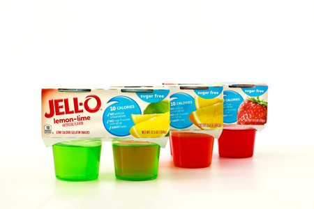 February 3, 2023. Spartanburg, SC USA. Plastic cups filled with a variety of Jello-O gelatin snacks.のeditorial素材