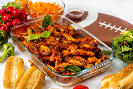 During the big game, American football fans can enjoy food catering.の写真素材