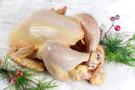 Christmas raw whole chicken on white background. Clouse up.の写真素材