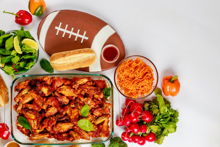 Wings come with a dip sauce and salad for football game party.の写真素材