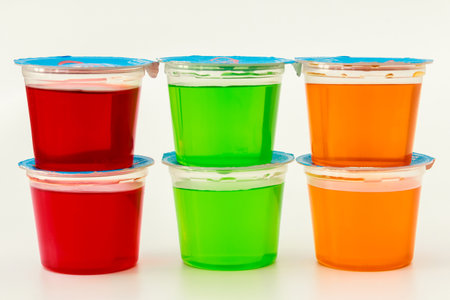 February 3, 2023. Spartanburg, SC USA. Plastic cups filled with a variety of Jello-O gelatin snacks.のeditorial素材