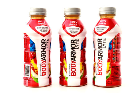 February 3, 2023. Spartanburg, SC USA. Sports drink bottles made with Berry Punch Bodyarmor.のeditorial素材