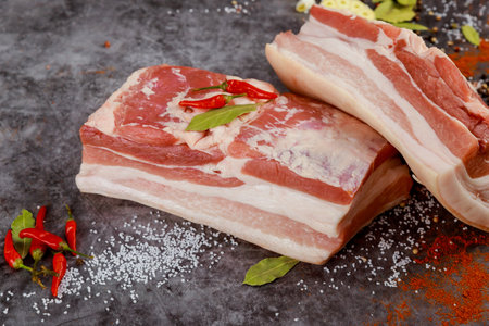 Two pieces of raw pork belly with garlic and bay leaves.の写真素材