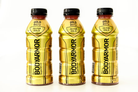 February 3, 2023. Spartanburg, SC USA. Bodyarmor Gold Berry sports drinks in bottles.