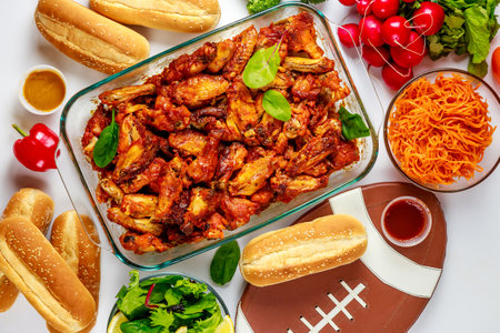 For football game parties, wings come with dip sauce and salad.の写真素材