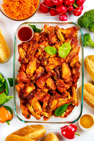 Buffalo sauce-glazed chicken wings baked in the oven.の写真素材