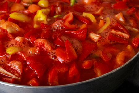 Lecho is a stewed vegetable dish made from sweet peppers and tomatoes.の写真素材
