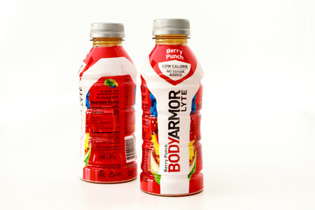 February 3, 2023. Spartanburg, SC USA. Berry Punch Bodyarmor sports drink bottles.のeditorial素材