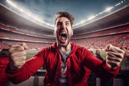 A fan of American football shouts joyfully with his hands raised. Generative AI.の素材