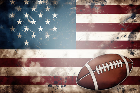 The American flag is behind an American football ball. Generative AI.の素材