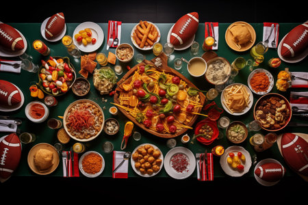 There is a table full of delicious snacks and beverages prepared for watching American football. Generative AI.の素材