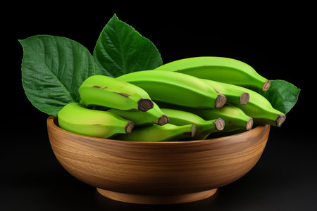 Bunch of green bananas with leaves in bowl. AI generation.の素材