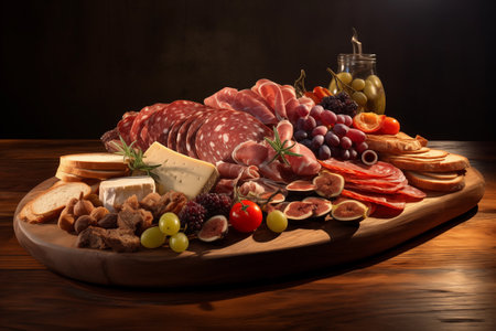 Charcuterie Board is variety of meats, cheese, fruit, crackers. Generative AI.の素材