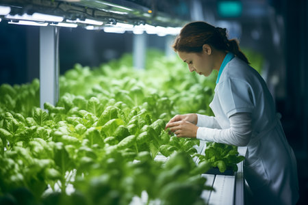 A hydroponic grower cares for plants throughout their development. AI generation.の素材