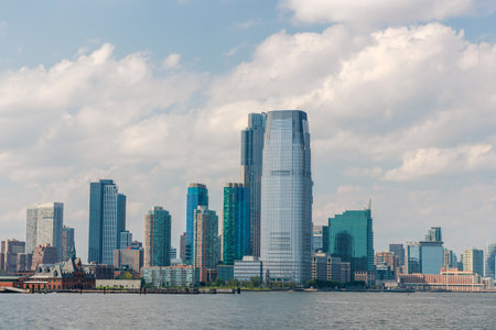 View of the Manhattan skyline from the water in New York Cityの写真素材