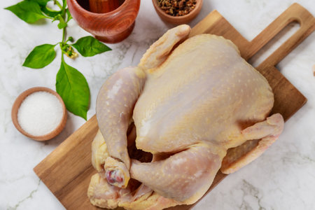 A raw chicken is prepared for cooking with spices.の写真素材