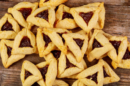 Jewish cookies stuffed with jam for Purim holiday. Close up.の写真素材