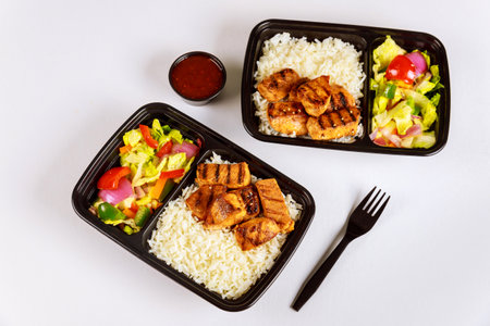 Healthy food delivery or take away lunch in plastic container. Chinese cuisine.の写真素材