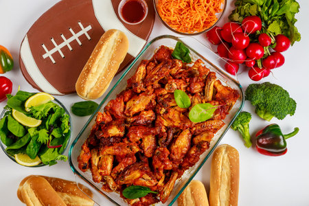 Vibrant spread of chicken wings, fresh vegetables, and side dishes is laid out on table. The festive arrangement includes football themed decor, perfect for gathering.の写真素材