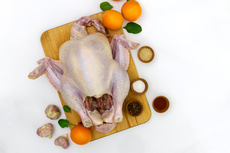 Whole raw turkey is placed on wooden cutting board, surrounded by fresh oranges, garlic cloves, small bowls of spices, and ingredients, preparing for meal.の写真素材