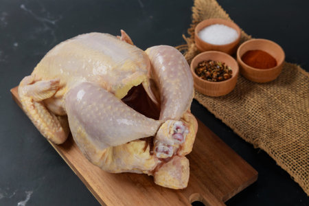 Whole chicken sits on wooden cutting board, surrounded by small bowls containing salt, spices, and seasoning ready for preparation. Setting suggests cooking environment.の写真素材