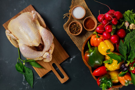 Whole chicken sits on wooden cutting board beside colorful assortment of fresh vegetables, including peppers, radishes, broccoli, ready for cooking.の写真素材