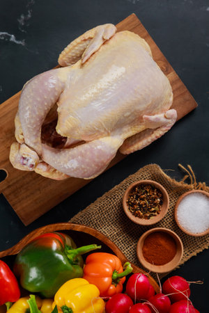 Whole raw chicken placed on wooden cutting board, surrounded by vibrant peppers and bowls of spices, ready for delicious meal preparation in kitchen environment.の写真素材
