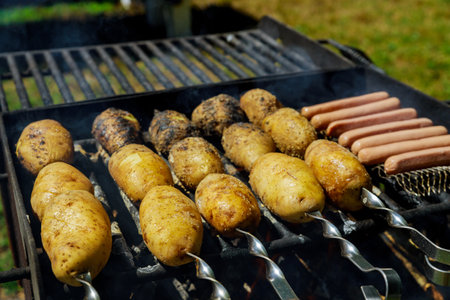 Sausages and seasoned potatoes grilling over barbecue rack on warm, sunny day. Smoke rises from grill, enhancing outdoor atmosphere of gathering.の写真素材