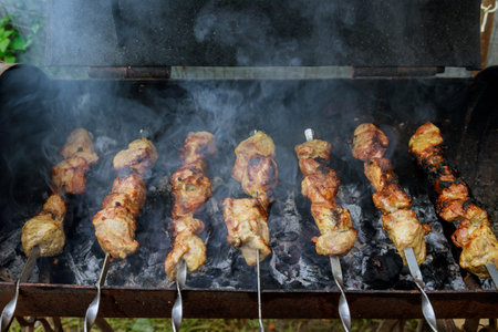Skewers of marinated meat sizzle over charcoal grill, producing smoke as they cook under bright sun in backyard gathering atmosphere. Friends and family enjoy outdoor feast.の写真素材