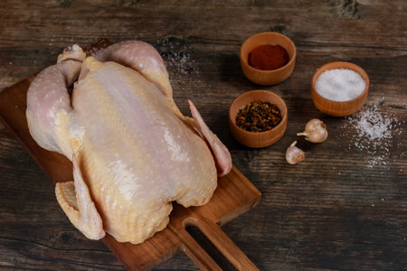 Whole raw chicken placed on wooden cutting board, surrounded by bowls of spices and garlic. Rustic kitchen setting highlights culinary preparation.の写真素材