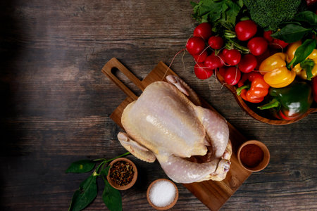 Whole chicken placed on wooden cutting board surrounded by vibrant vegetables. Fresh bell peppers, tomatoes, and greens create pleasing display for meal preparation.の写真素材