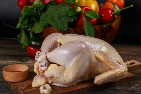 Whole chicken placed on wooden cutting board, surrounded by fresh, colorful vegetables like peppers and greens. Setting suggests fresh cooking ingredients.の写真素材