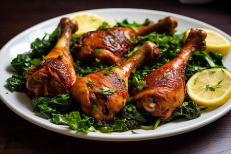 Succulent chicken drumsticks arranged on platter surrounded by vibrant greens and garnished with lemon slices, perfect for hearty meal.の素材