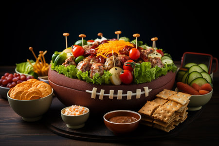 Creative arrangement showcases football-shaped platter filled with meatballs, vegetables, and cheese, perfect for game day gathering with friends and family.の素材
