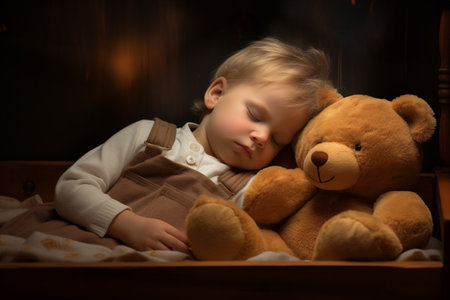 Young child in wooden bed gently rests his head against friendly teddy bear while wrapped in soft blanket.の素材