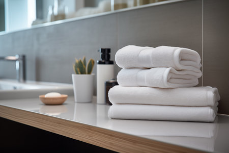 White fluffy towels arranged in neat stack on bathroom countertop. Small potted plant and soap dish add fresh touch to modern space.の素材