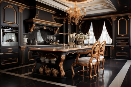 This luxurious kitchen showcases black cabinets with gold accents, grand chandelier above central island, and stylish seating.の素材
